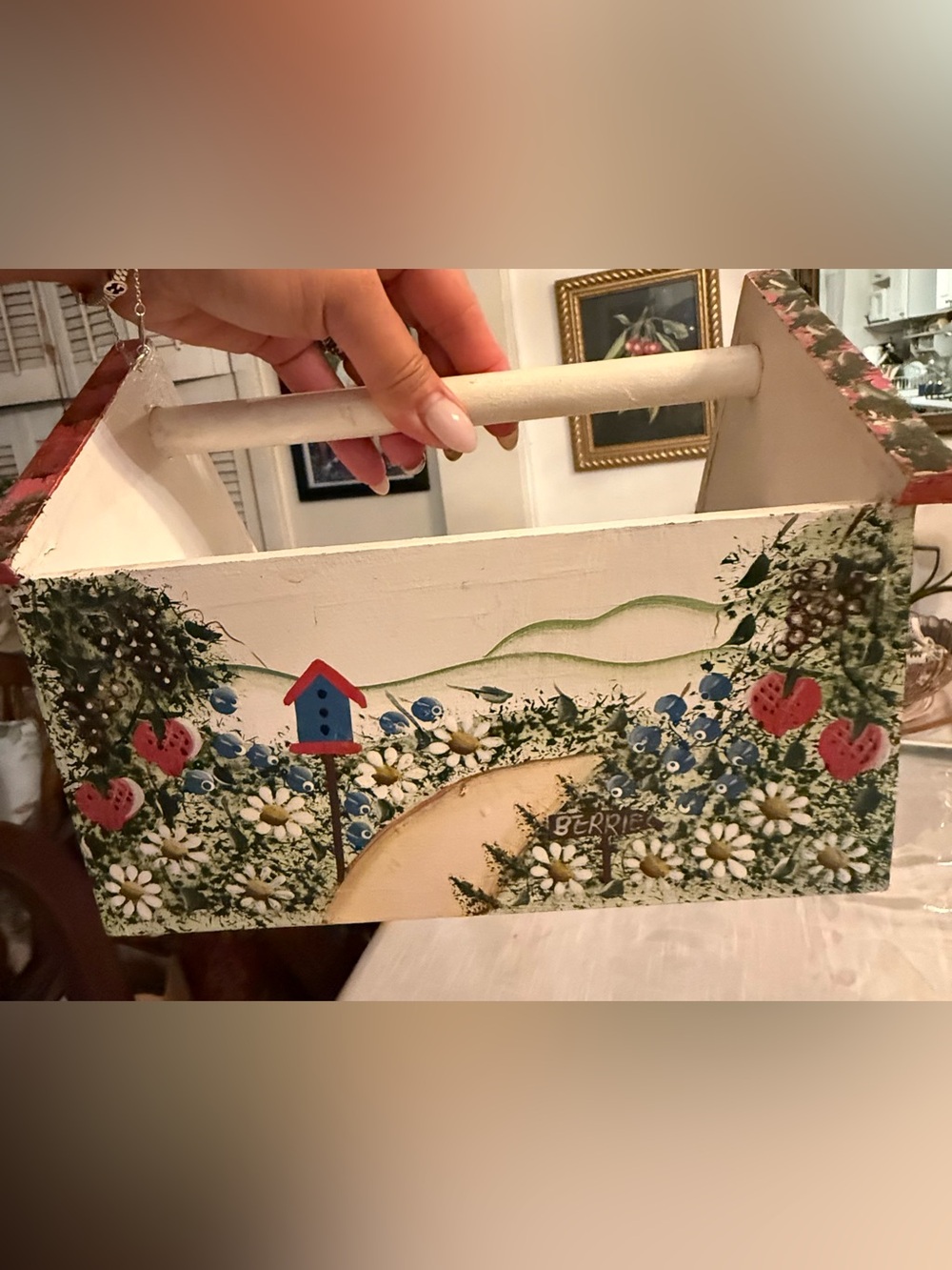 Sectioned wood carrier Utensil server/tool holder Birdhouse hand painted design - Picture 11 of 12